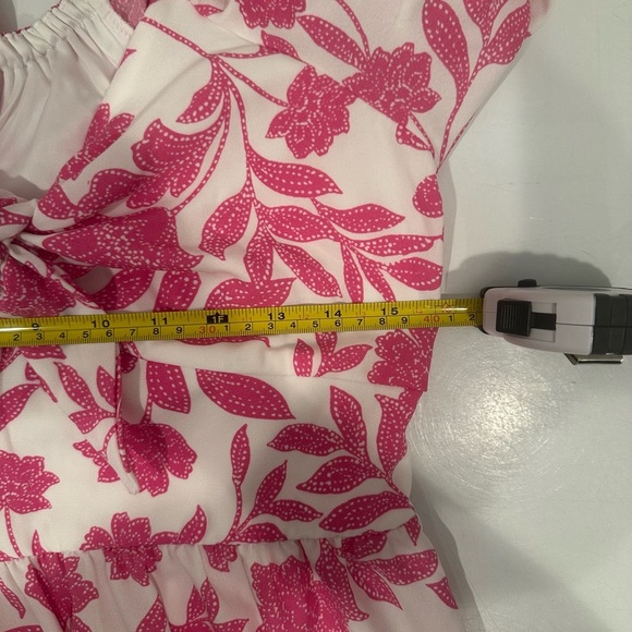 LC Lauren Conrad Short Puff Sleeve PinkFloral Mini Dress Tie Front Milkmade Sz M - Picture 5 of 9